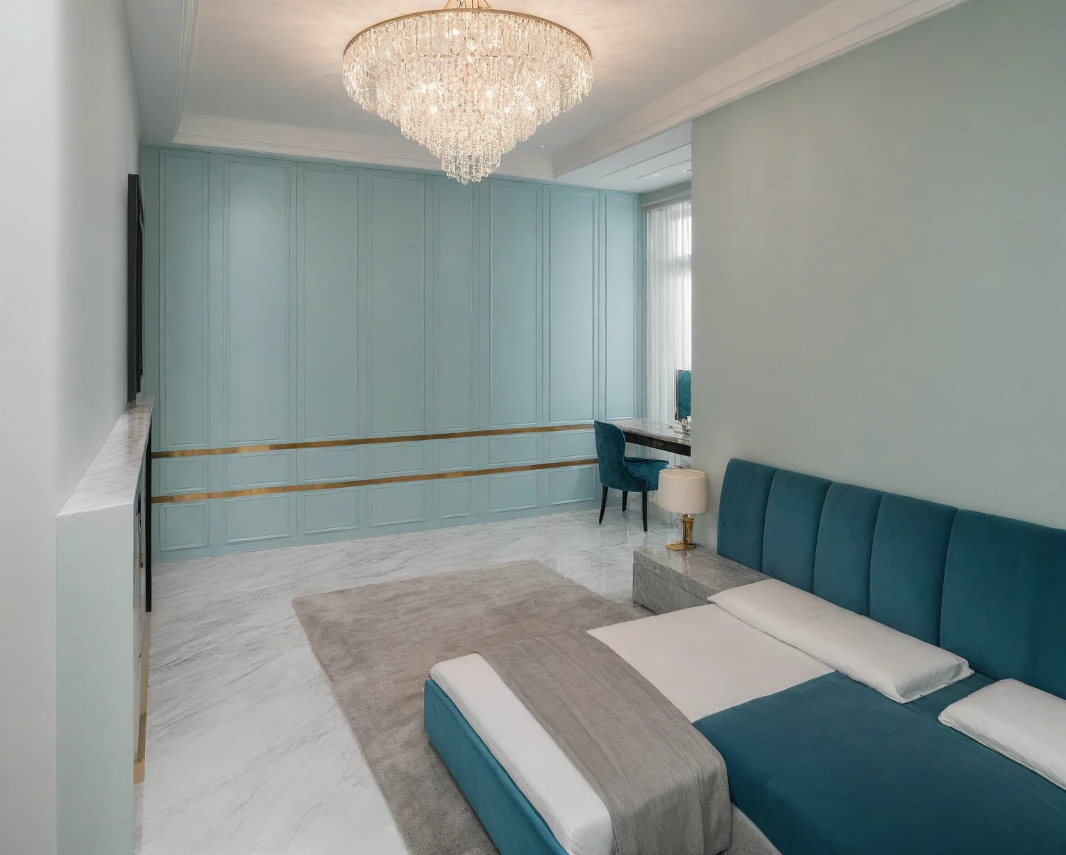 arafed room with a blue couch and a chandelier, marble room, magnificent design, luxurious environment, interior design, rich azure tones, maximalist sculpted design, fancy apartment, popular interior design style, luxury condo interior, interior design (( BED room : 1.3 )), luxury lifestyle, marble floors, modern interior design, tiffany style, white marble interior photograph