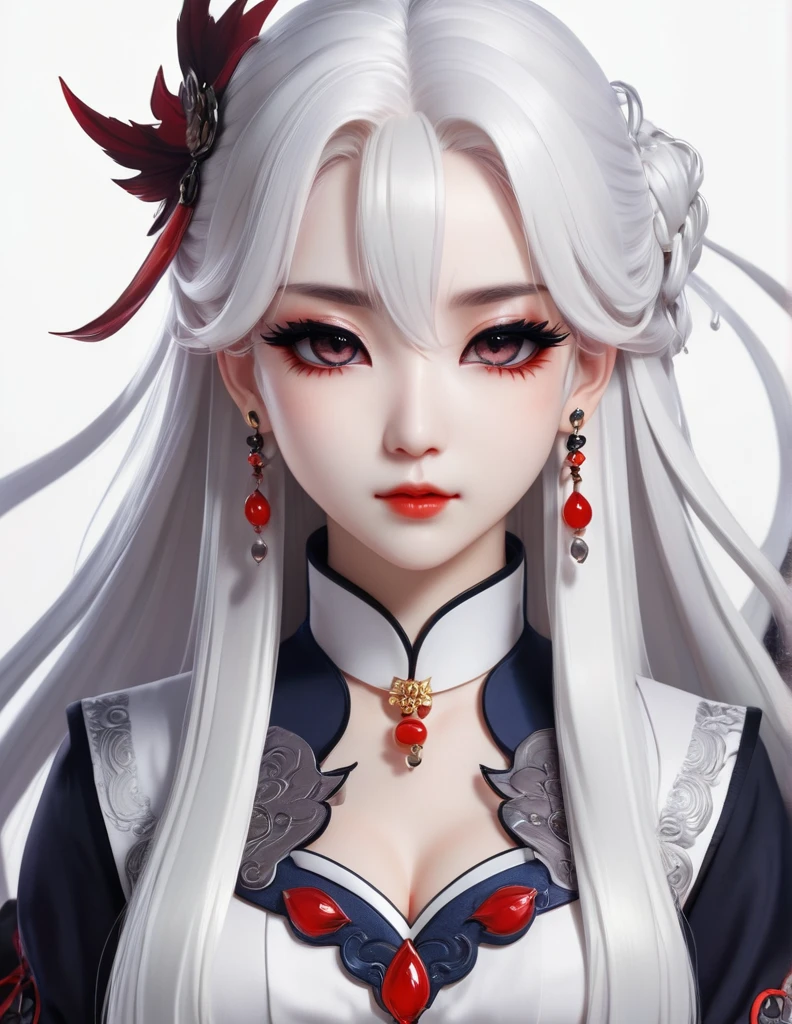 quality(8k wallpaper of extremely detailed CG unit, ​masterpiece, hight resolution, top-quality, top-quality real texture skin,hyper realisitic, digitial painting,increase the resolution,RAW photos，best qualtiy,highly detailed,the wallpaper),BREAK,8K, onmyoji-style art,  white long hair , white skin , white  dress , full face, close up shot,  frontal shot,  earrings, piercings, covered whit eyepatch, white background, Chibi, black makeup, Dracula 