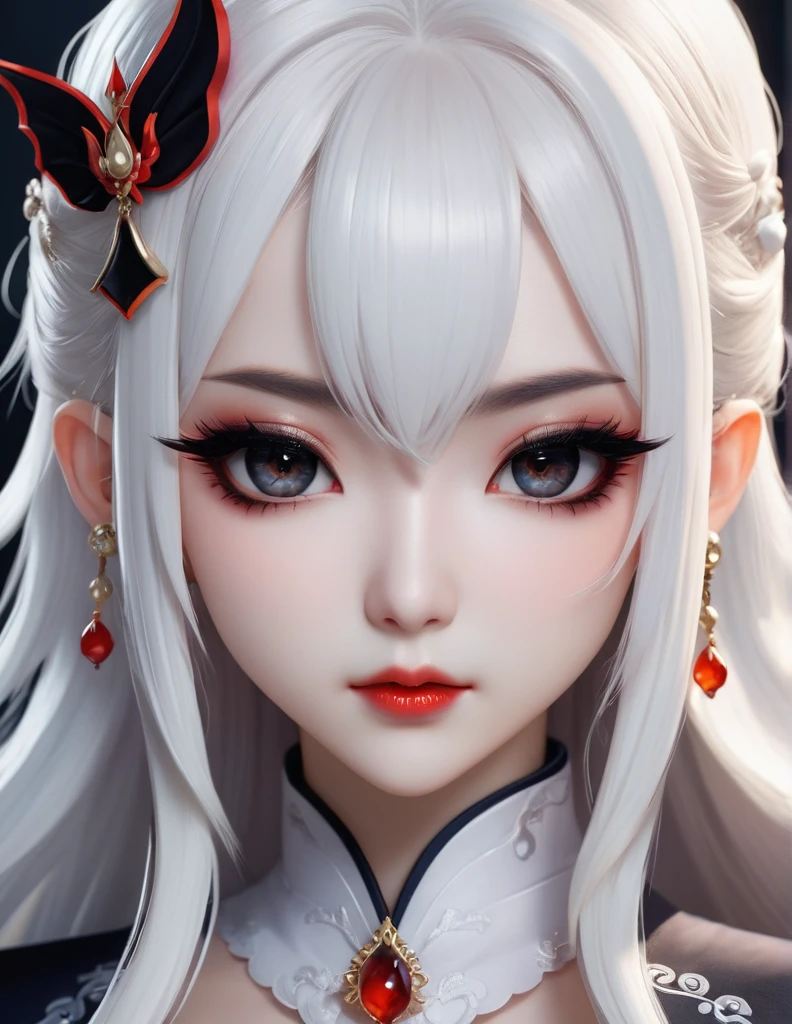 quality(8k wallpaper of extremely detailed CG unit, masterpiece, hight resolution, top-quality, top-quality real texture skin,hyper realisitic, digitial painting,increase the resolution,RAW photos,best qualtiy,highly detailed,the wallpaper),BREAK,8K, onmyoji-style art, white long hair , white skin , white dress , full face, close up shot, frontal shot, earrings, piercings, covered whit eyepatch, white background, Chibi, black makeup, Dracula