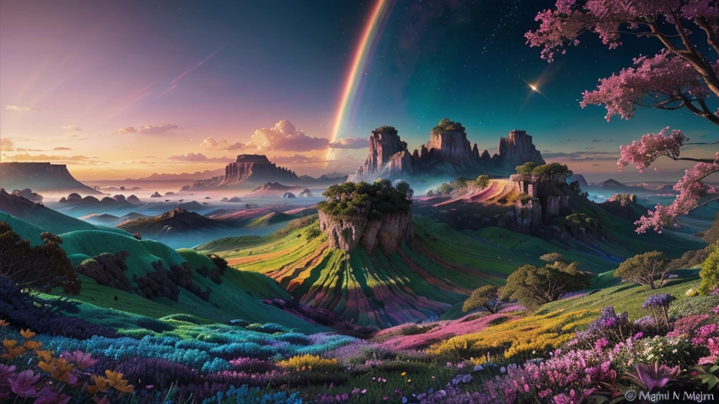 A photorealistic fantastical landscape. The background features floating islands covered in bioluminescent plants, cascading waterfalls of rainbow colors, and giant crystalline structures that refract light. Vibrant colors include deep purples, electric blues, neon pinks, and shimmering golds. The lighting is ethereal, with a soft glow emanating from the plants and crystals. Broad strokes of bright, contrasting colors sweep across the sky, reminiscent of an abstract painting - vibrant oranges, lime greens, and vivid magentas create a striking contrast against the fantastical elements.