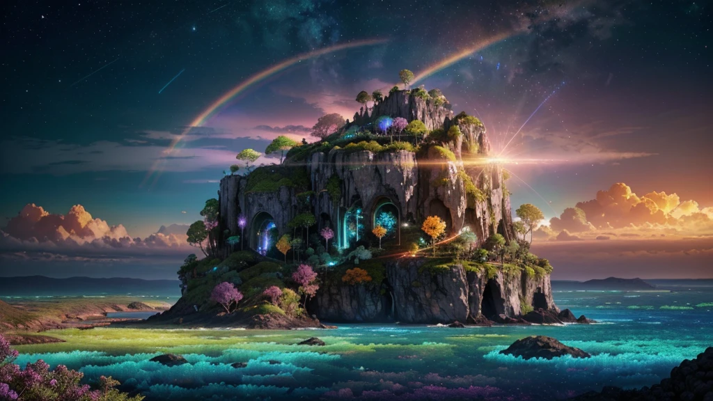 A photorealistic fantastical landscape. The background features floating islands covered in bioluminescent plants, cascading waterfalls of rainbow colors, and giant crystalline structures that refract light. Vibrant colors include deep purples, electric blues, neon pinks, and shimmering golds. The lighting is ethereal, with a soft glow emanating from the plants and crystals. Broad strokes of bright, contrasting colors sweep across the sky, reminiscent of an abstract painting - vibrant oranges, lime greens, and vivid magentas create a striking contrast against the fantastical elements.