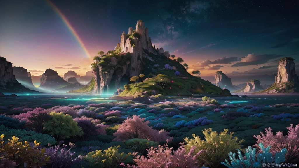 A photorealistic fantastical landscape. The background features floating islands covered in bioluminescent plants, cascading waterfalls of rainbow colors, and giant crystalline structures that refract light. Vibrant colors include deep purples, electric blues, neon pinks, and shimmering golds. The lighting is ethereal, with a soft glow emanating from the plants and crystals. Broad strokes of bright, contrasting colors sweep across the sky, reminiscent of an abstract painting - vibrant oranges, lime greens, and vivid magentas create a striking contrast against the fantastical elements.
