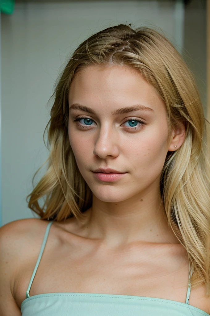 21 year old woman , blonde hair , green and blue eyes , grain de beauté sur la joue , well groomed