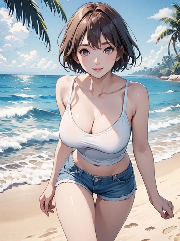 (Highest quality、masterpiece、High resolution、8K)、Vibrant colors、Young and beautiful woman 1、whole body、Brown and black short bob、barefoot、(Detailed face、Beautiful Eyes、Beautiful nose、Pretty lips)、Ample breasts、Beautiful cleavage、White T-shirt and shorts、Running on the beach、A refreshing smile、looking at the camera、Official Art、The background is the sea、blue sky、White waves and wide sandy beach、Palm tree、White Entrance Cloud、(Depth of written boundary:1.5)、Professional Lighting、