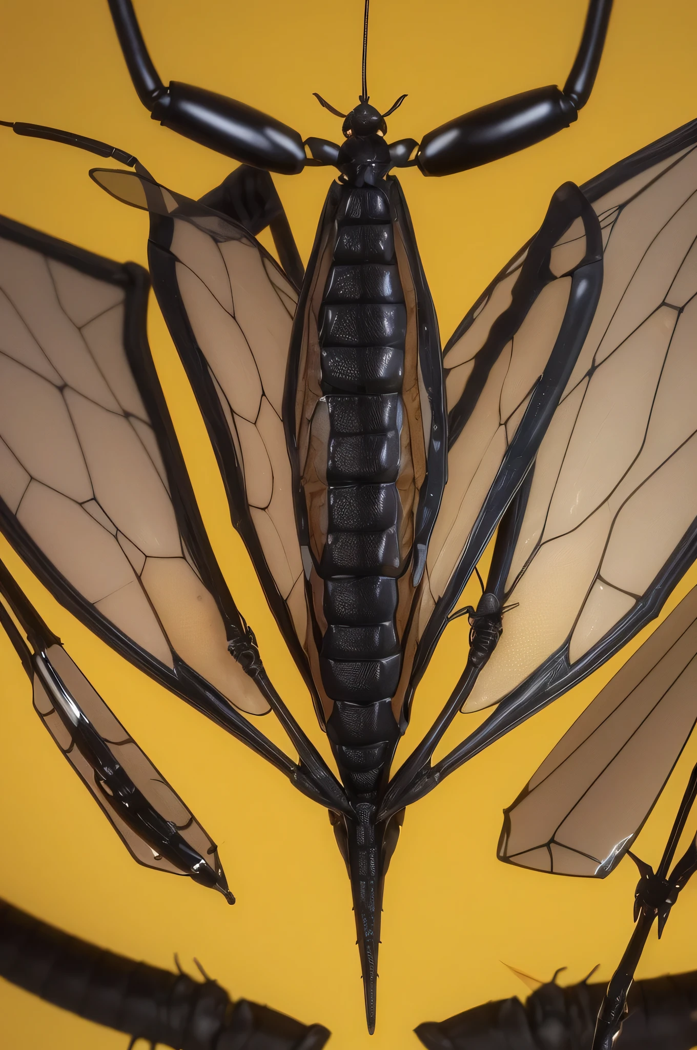 perfect human girl body, firm breasts, big breasts with
Wasp Elements:
"At:
Two transparent membranous wings that extend from the shoulder blades, similar to those of a wasp. The wings are black with bright yellow stripes.
Antennas:
Two long, thin antennae extending from the forehead, similar to those of a wasp. The antennae are black with yellow tips."
Ant elements:"Legs:
Six strong, muscular legs, similar to those of an ant. The legs are black with yellow joints.
Jaws:
Strong and sharp jaws, similar to those of an ant. The jaws are black.
Antennas:
Two short, thick antennae extending from the mandibles, similar to those of an ant. The antennae are black with yellow tips.