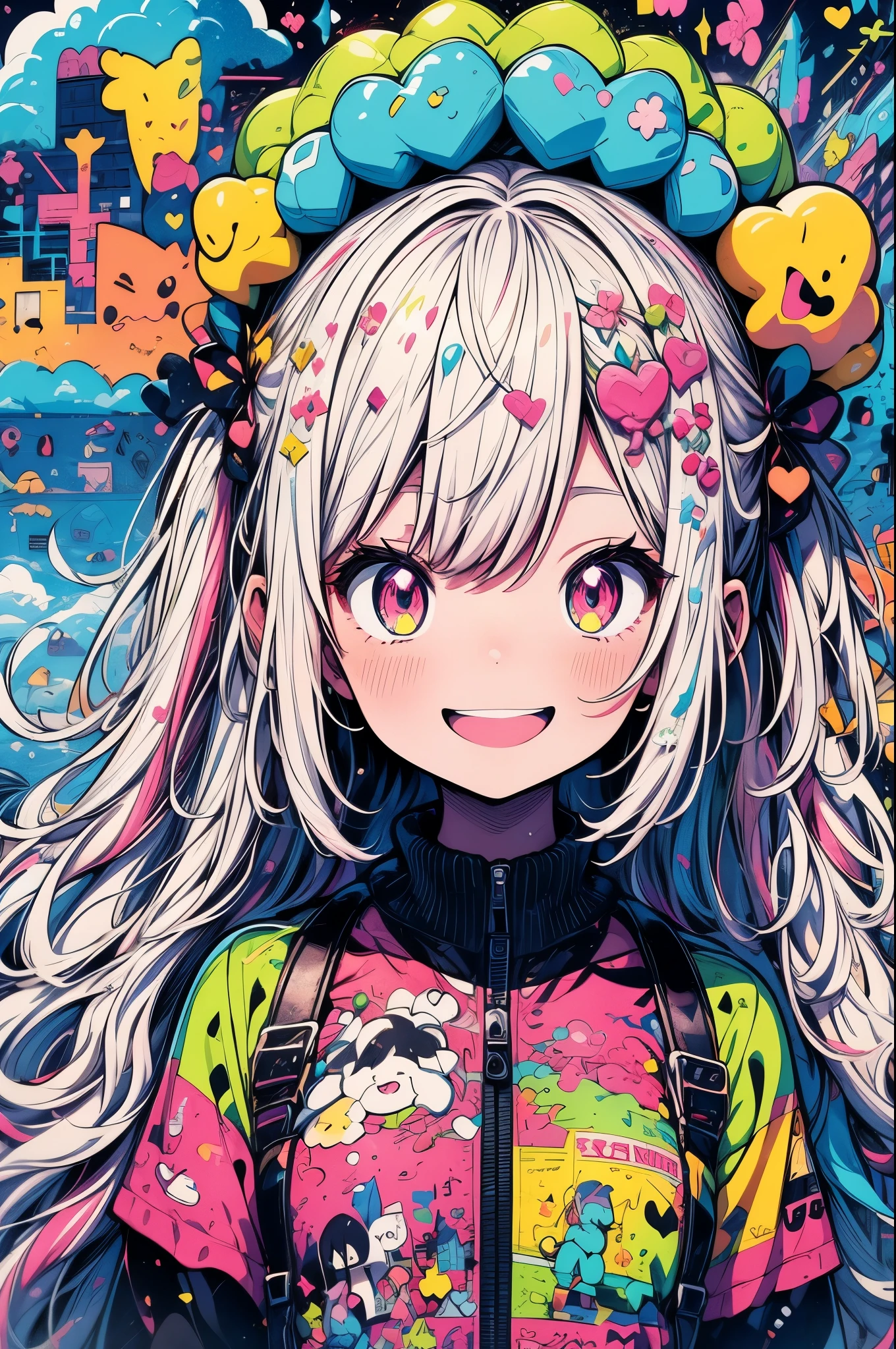 masterpiece, best quality, extremely detailed CG unity 8k wallpaper, Pink world view, cute anime illustration, 1girl, BIG smile, digital art, fantasy art, dreamland, The background is a colorful geometric pattern. fanny, pastel color, water color, octane rendering style