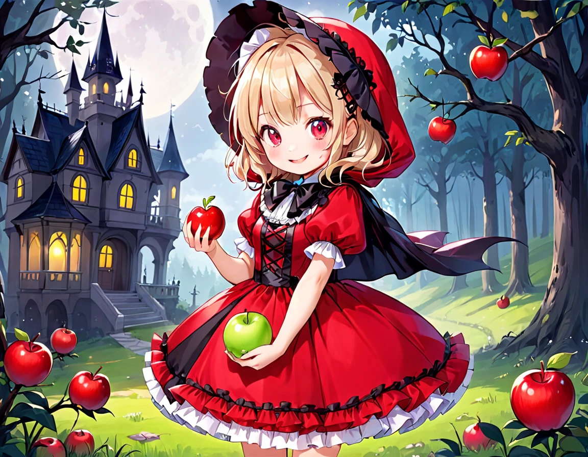 fairy tale Little Red Riding Hood A cute girl wearing a cute red ta-style dress Adorable smile A witch with a black scary face hands an apple to a