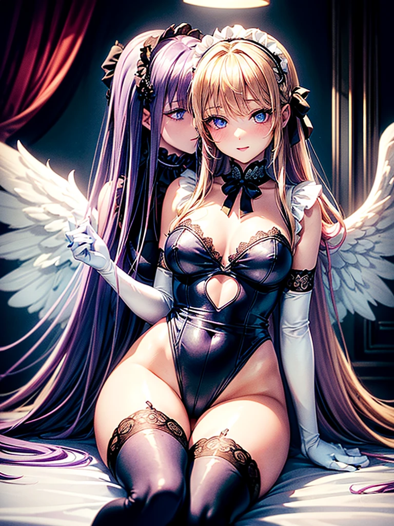 Highest quality,Highest Resolution,(((A beautiful girl with blue eyes and blonde hair in a maid leotard and white angel wings on her back)))and(((A beautiful girl with red eyes, purple hair, and black angel wings on her back in a gothic lolita leotard)))They are having sex while kissing in the sitting position,saliva,(((Halo))),smile,Frills,Knee-high stockings,A distant view,