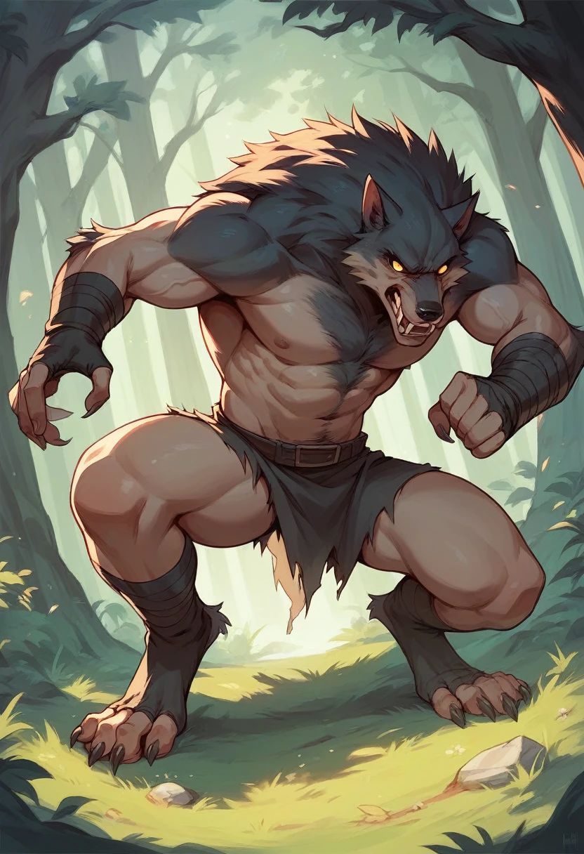 werewolf vs. Human fighting in the forest