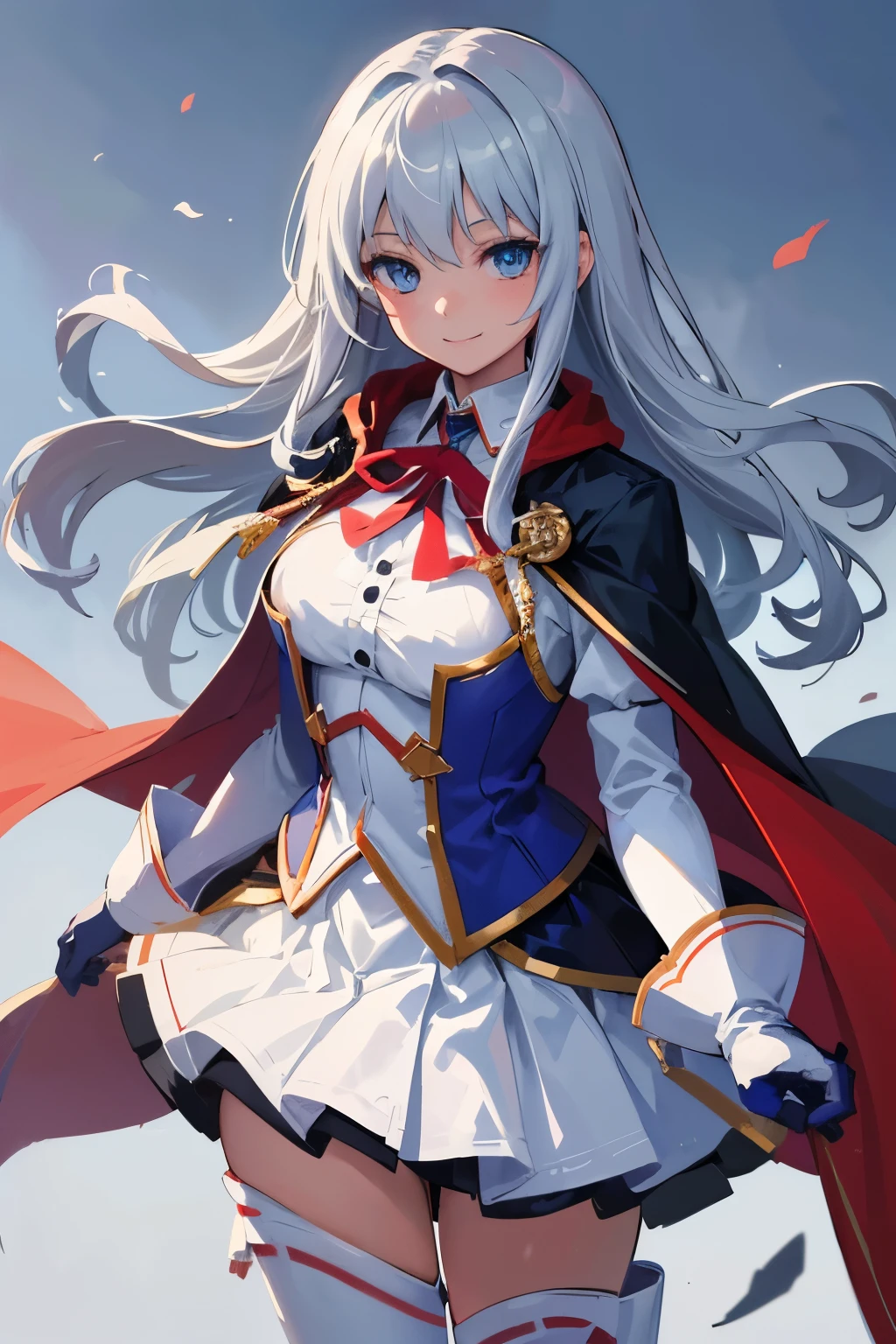 ,colorful,(masterpiece:1,2), Highest quality, masterpiece, High resolution, original, Highly detailed wallpaper, One girl ,smile,alone, Grey Hair, blue eyes, original_Costume,Red Cape,White pants, gloves, chest, uniform, large chest