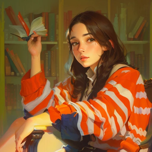 painting of a woman sitting on a couch with a book shelf in the background, an expressive digital painting, colorful sketch, cartoon digital painting, painterly illustration, inspired by Balthus, inspired in balthus, color study, in style of digital painting, speedpaint, digital paintin, a digital painting, digital paiting, oil digital painting, digital painting