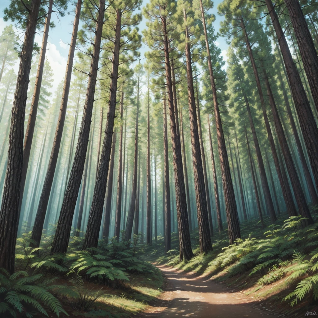 Gouache painting of a pine forest