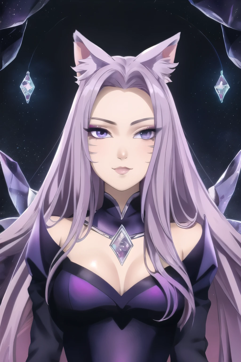 ((best quality)), ((masterpiece)), (detailed), detailed eyes, detailed hands, full-body image, humanoid kitsune, diamond crown, light purple hair, light purple fox ears, purple clear crystal fox tails, purple crystal star shape marking on forehead, delicate and beautiful detailing, beautiful clear face and well-proportioned detailed eyes, round detailed eyes and makeup, beautiful detailed and clear eyes, volume smooth and sharp, long flat bangs, fictional art, best photos, high resolution, best quality, best photos, very beautiful and meticulous crystal star shape forehead marking, delicate, mouth closed, not fully smiling