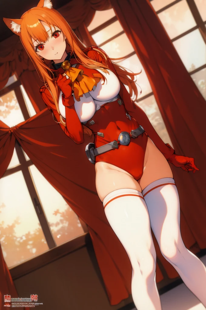 masterpiece, best quality, highres, hmeris, orange hair, red eyes, cat ears, cat tail, large breasts, red leotard, ascot, jingle bell, long sleeves, white thighhighs, loose belt, pouch, red gloves, indoor,standing