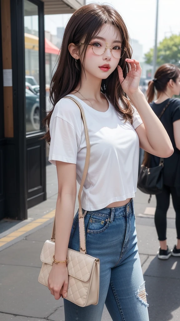 A classic white tee and distressed jeans look.、A single woman who exudes confidence and effortless style(1 Female)A masterpiece that captures the essence of(quality:1.2)。Her minimalist makeup style highlights her natural beauty..、Her messy hairstyle lends a casual charm。The scene was、Located in the vibrant surroundings of music festivals and the trendy downtown district。Her outfit includes distinctive sunglasses and large jewelry..、With crossbody bag、Improved convenience。photograph、In its highest quality resolution、beautiful, Modern and easygoing encapsulation