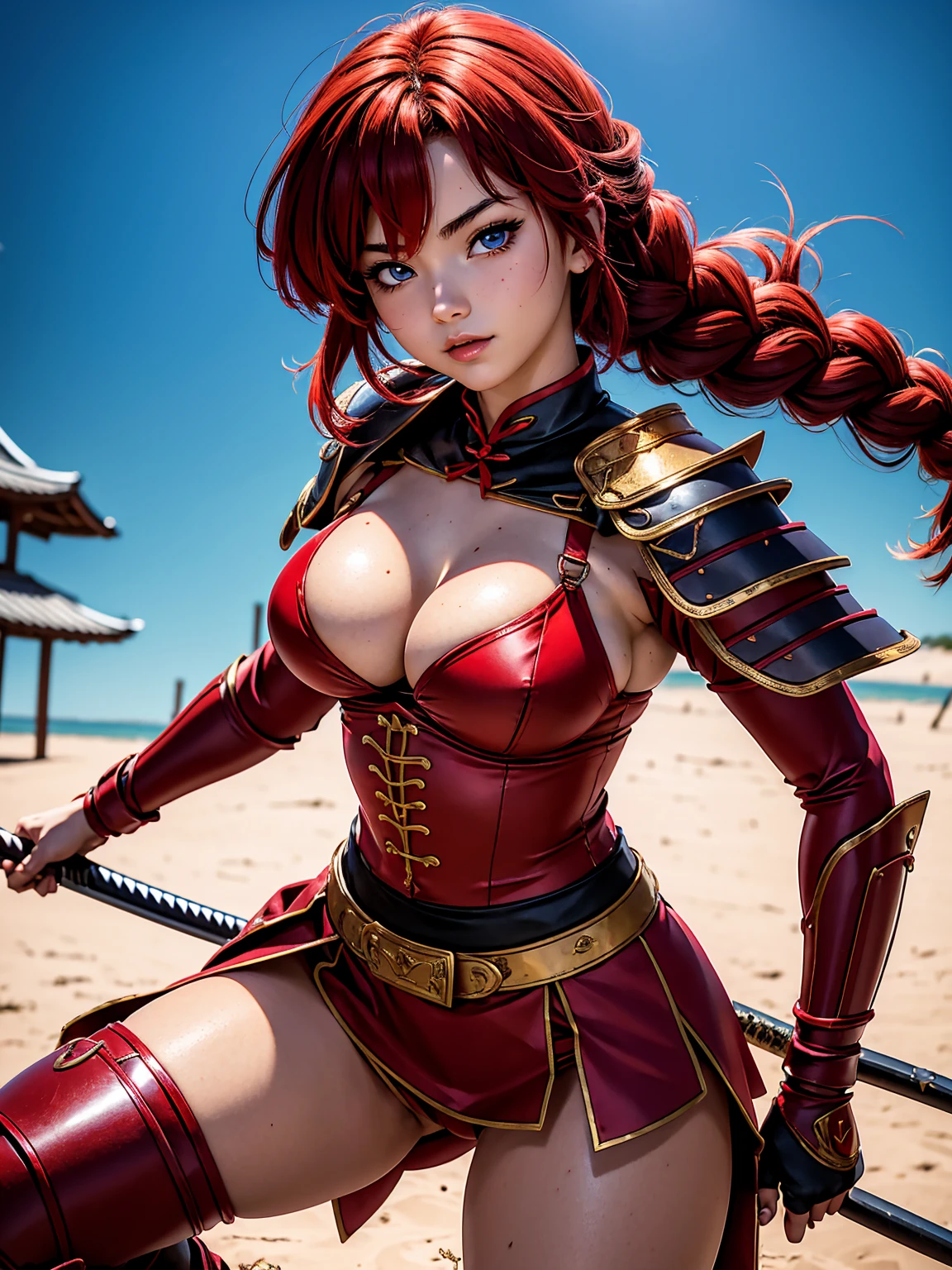 Garota anime sexly com cabelo ruivo com trança curta com armadura samurai red, armor itself, 15year old, fluffy body, fluffy breasts, pose de luata, combat stance, garota sexly, red hair and braid, locks of hair on the side of the face, beautiful lighting, softshadows, blue colored eyes, pretty legs, short-hair, anime styling, ranma chan, Autora Rumiko Takahashi, Based on a work by Rumiko Takahashi, Anime Ranma 1/ 2, sexly, robust hip, fully body, busto sexly, young man with beautiful body, garota de 15year old jovem baixa estatura, wearing red armor and black corset, martial arts warrior with samurai armor, anime girl, anime styling, plein-air, postura sexly, body in fighting stance, eyes large, bright red hair, wearing warrior helmet
