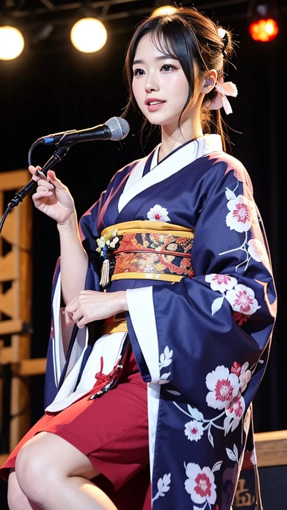 beautiful japanese a woman with shamisen, kimono, singer、Singing twins、On stage、