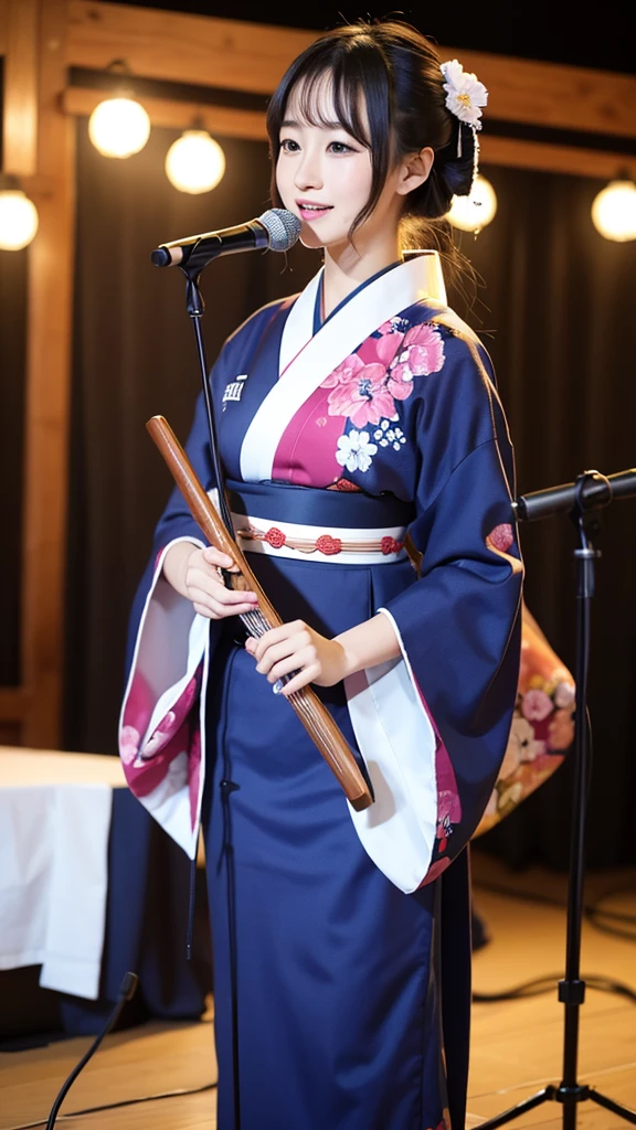 beautiful japanese a woman with shamisen, kimono, singer、Singing twins、On stage、