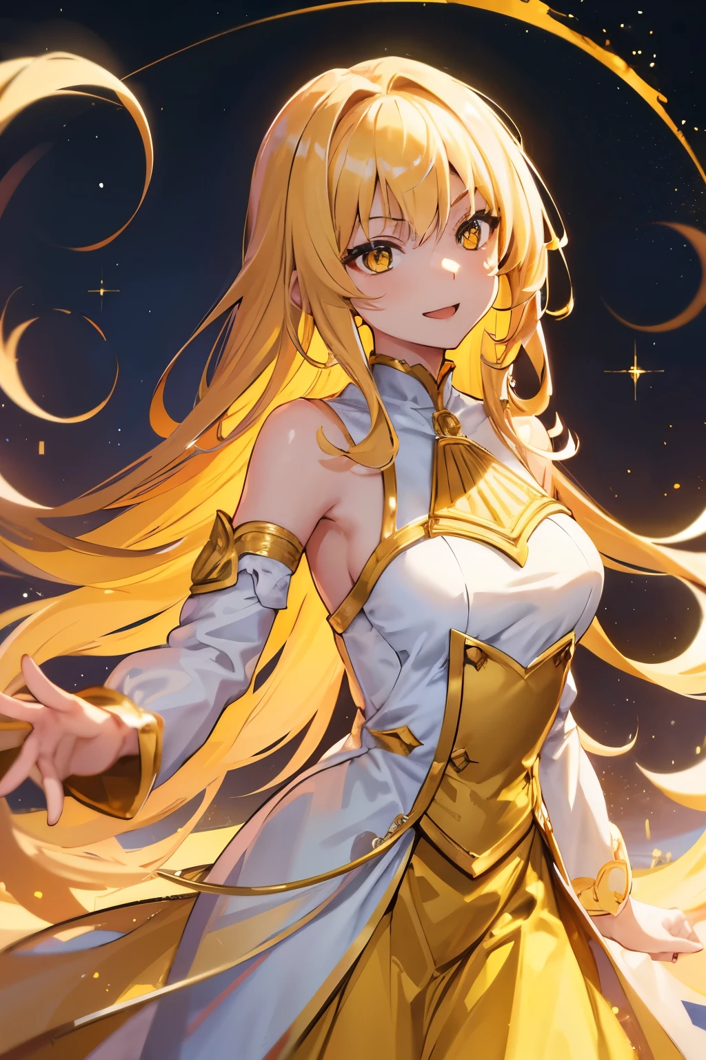 girl, Flowing golden blonde hair, Yellow Eyes, Golden Imperial Costume, Neckline, anime, In the background is a clear sky with sparkling lights, Dynamic Angle, Arrogant Laugh