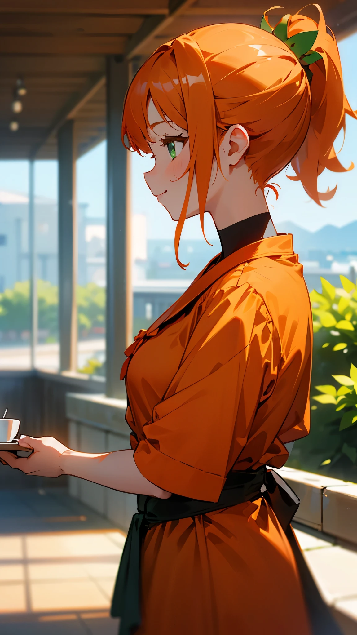 1 Girl、Orange clothes、Orange Hair、ponytail、Beautiful green eyes、profile、smile、profile、Face close-up、Morning Cafe Terrace、Background blur, Written boundary depth