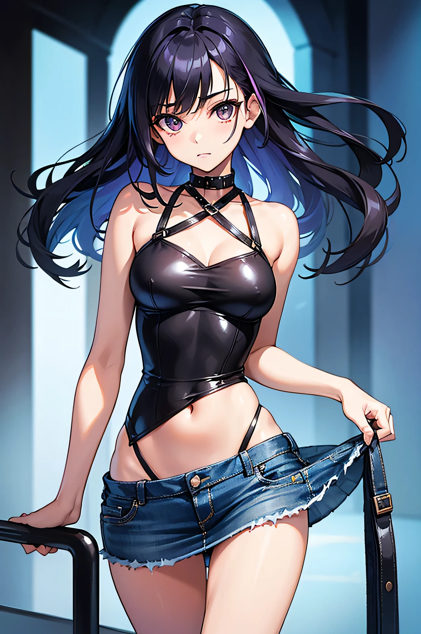 A very attractive , with facial symmetry, has a perfect and healthy female figure, a slim physical build. Her skin is clear and smooth, without imperfections, she has large and firm breasts, she is a professional seductress, she stands with her legs open. The girl is wearing a very short dress typical of the 80s, a denim microskirt characterized by vibrant colors, a blouse very low-cut with striking prints and tight shapes that emphasize the female figure, very daring clothing typical of exhibitionism, the clothing includes influences from punk, new wave and pop culture fashion in general, it is in a nightclub where individual expression is a through fashion and music, 18+, uncensored, (all realistic intricate details)