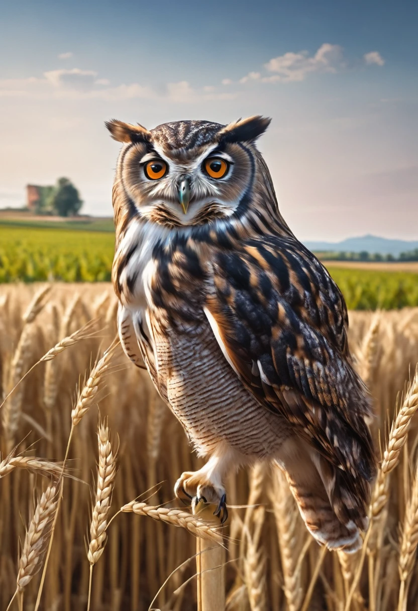 Owl with two cherries in its beak, behind a wheat plantation field
