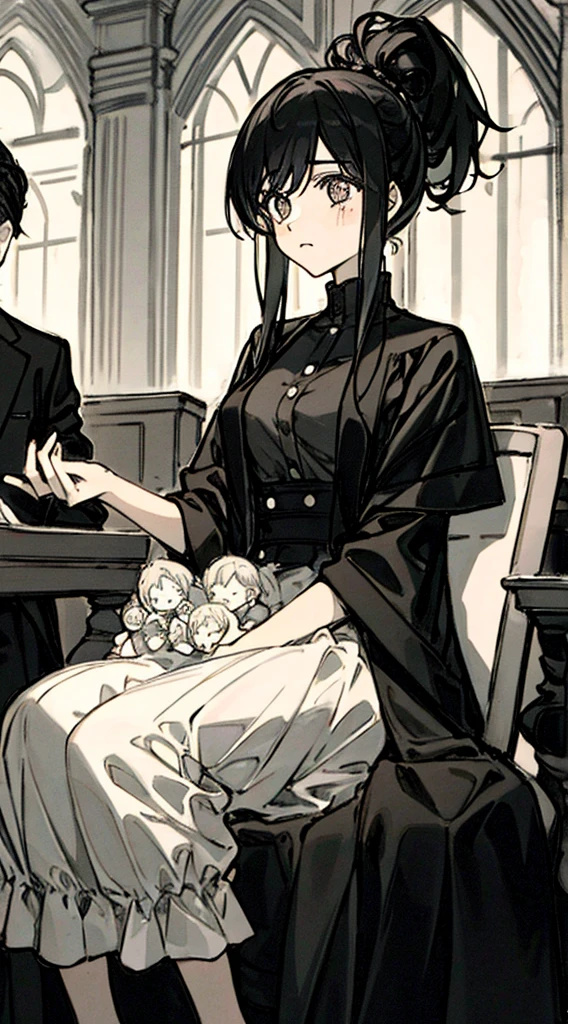 A scene of a sad and lonely young woman sitting in a dark corner of a large and opulent room. Her family is in the background, with the brother in the center, receiving attention and applause. The young woman should be depicted in darker and cooler colors, while the family is in warm and bright tones.