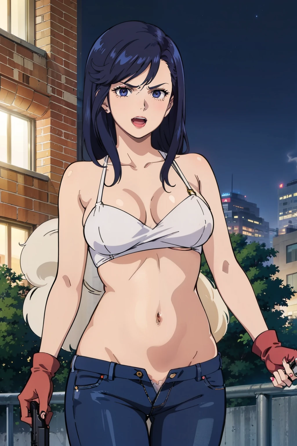 anime style, best quality, high resolution, 1girl, solo, (large breasts), smile, saeko, long hair, blush, lipstick, long hair, crazy eyes ,Hot girl, baddie, staring, glaring, bad attitude, mean girl, dare, angry, hate, crazy, smoking, sensual, attractive, outdoors, rooftop, cityscape, building, railing, night, night sky, scenery, city lights, fur trim, mature female, gloves, fur-trimmed coat ,jacket, masterpiece,high quality,4k, bare shoulder,belly,crop top,outdoor,cleavage,jeans,casual dress,street,road,smile, open mouth, holding a gun,handgun, evil expression, exposed belly, exposed navel, exposed midriff, exposed lower belly, crop top overhang, underboob, unbuttoned jeans , low rise black jeans, Low rise jeans, Low rise jeans with open fly, navel piercing, (nsfw) not safe for work