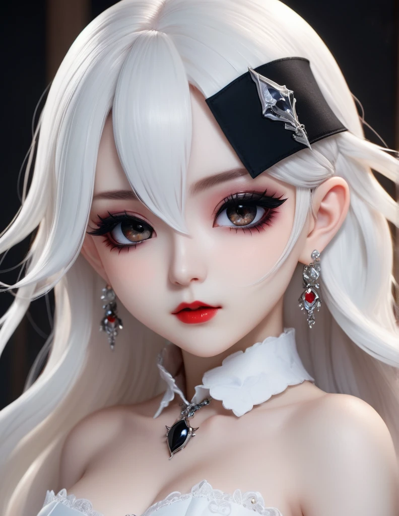 quality(8k wallpaper of extremely detailed CG unit, masterpiece, hight resolution, top-quality, top-quality real texture skin,hyper realisitic, digitial painting,increase the resolution,RAW photos,best qualtiy,highly detailed,the wallpaper),BREAK,8K, anime-style art, white long hair , white skin , white dress , full face, close up shot, frontal shot, earrings, piercings, covered whit eyepatch, white background, Chibi, black makeup, Dracula