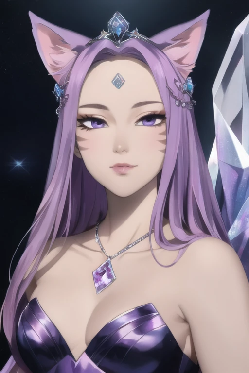 ((best quality)), ((masterpiece)), (detailed), detailed eyes, detailed hands, full-body image, humanoid kitsune, diamond crown, light purple hair, light purple fox ears, purple clear crystal fox tails, purple crystal star shape marking on forehead, delicate and beautiful detailing, beautiful clear face and well-proportioned detailed eyes, round detailed eyes and makeup, beautiful detailed and clear eyes, volume smooth and sharp, long flat bangs, fictional art, best photos, high resolution, best quality, best photos, very beautiful and meticulous crystal star shape forehead marking, delicate, mouth closed, not fully smiling