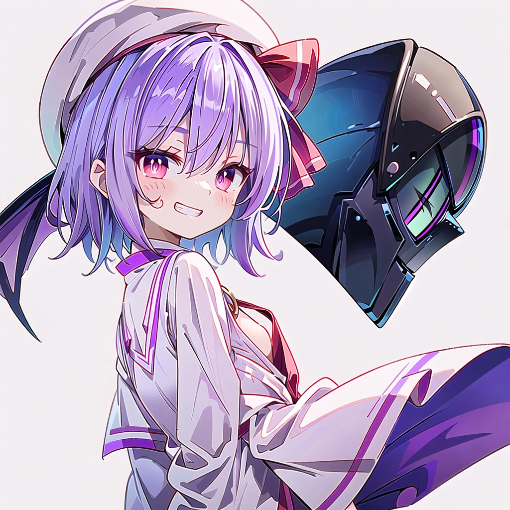 (((remilia scarlet))),(touhou),((red eyes)),(((short hair,purple hair,light purple hair,blue hair))),(((slit pupils))),(((white headwear,pink headwear, mob cap))),(((motorcycle racing wear))),(((grin))),(((upper body))),(((small breasts))),(((simple white background))),(((Side angle)))