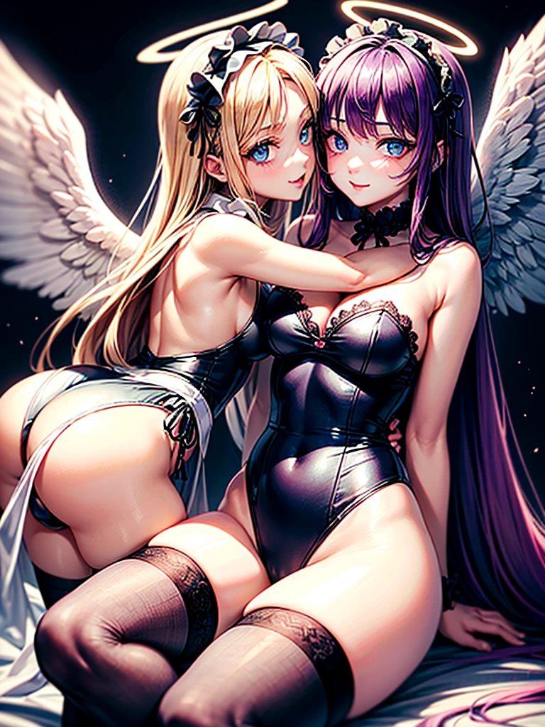 Highest quality,Highest Resolution,(((A beautiful girl with blue eyes and blonde hair in a maid leotard and white angel wings on her back)))and(((A beautiful girl with red eyes, purple hair, and black angel wings on her back in a gothic lolita leotard)))They are having sex while kissing in the sitting position,saliva,(((Halo))),smile,Frills,Knee-high stockings,A distant view,