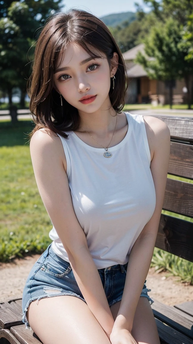 (masterpiece:1.3), 16k, high resolution, Very fine details, masterworks,(photorealistic, RAW photo, best quality:1.4), authentic texture, Texture of skin and clothing, light makeup, red lips, brown hair, beautiful hair, (medium hair:1.3), Rural Scenery background, elegant, Very fine details, authentic texture, cinematic lighting realism, perfect work, exquisite features, brown eyes, (Ultra-high resolution eye:1.1), Japanese idol, beautiful face, (gentle smile like a goddess), attractive, big well-shaped breasts, beautiful cleavage, shiny skin, (White oversized sleeveless t-shirt:1.3), break,(Mini hot pants),bright big eyes, smooth skin, (Heart shaped necklace),(Triangle ornament earrings),BREAK, (gentle smile like a goddess), sitting position, (sit down on a bench:1.3),shoot from below, (ground level shot), facing the front,(close up)