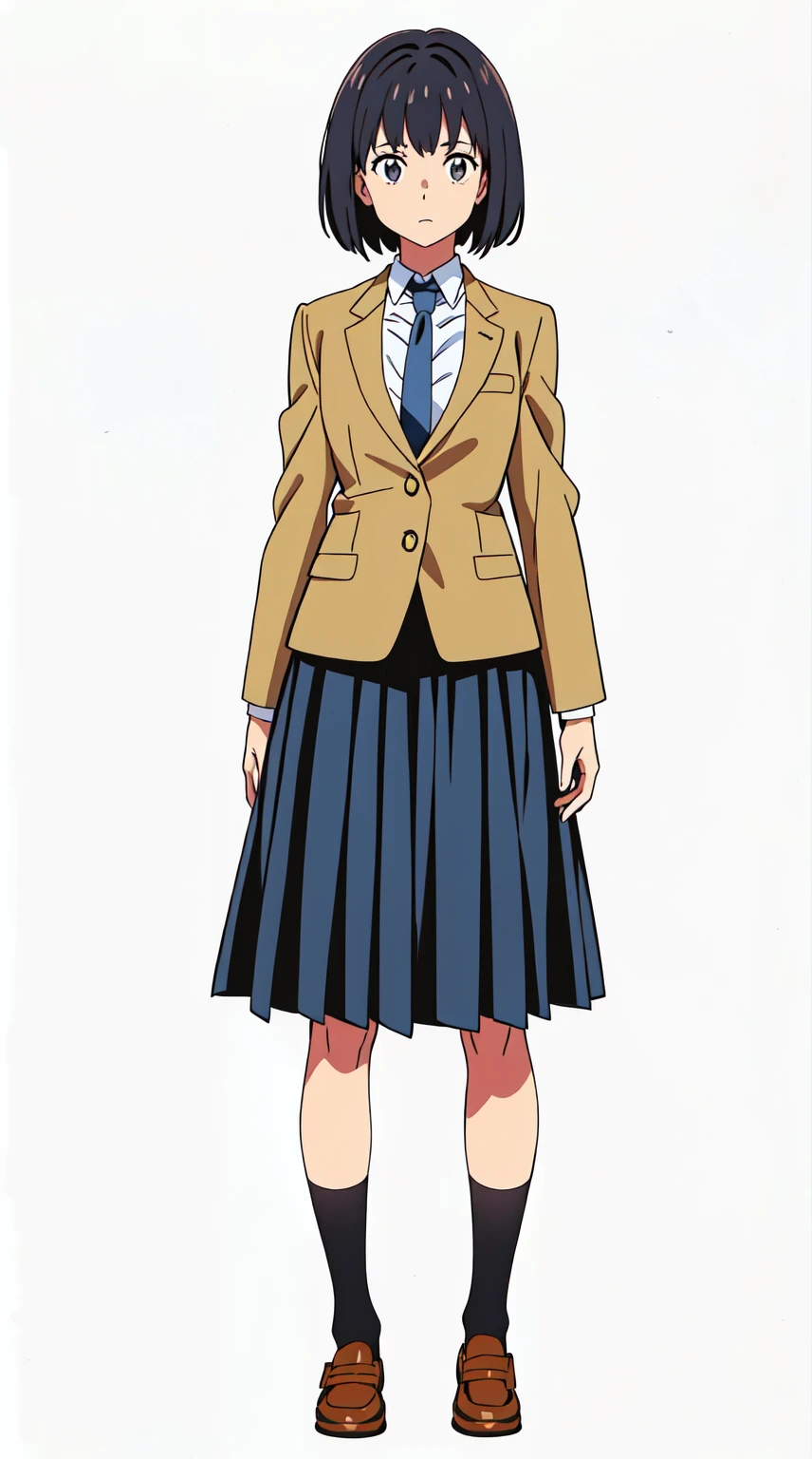 (white background:1.0), (best quality:1.0), (masterpiece:1.0), (super fine illustration:1.0), (beautiful artwork:1.0), (anime screencap:1.0), (official art:1.0), (full body:1.0), (solo:1.0), (HSGA:1.0), (a 18yo cute girl:1.0), (long skirt:1.0), (dark blue skirt:1.0), (pleated skirt:1.0), (school uniform beige blazer:1.0), (dark blue necktie:1.0), (loafers:1.0), (black socks:1.0), (ideal ratio body proportions:1.0), (lanky:1.0), (tall:1.0), (slender:1.0), (small breasts:1.0), (smaller face:1.0), (tareme:1.0), (detailed beautiful eyes:1.0), (detailed beautiful face:1.0), (glowing black eyes:1.0), (bob cut hair:1.0), (black hair:1.0), (standing:1.0), (looking at viewer:1.0)