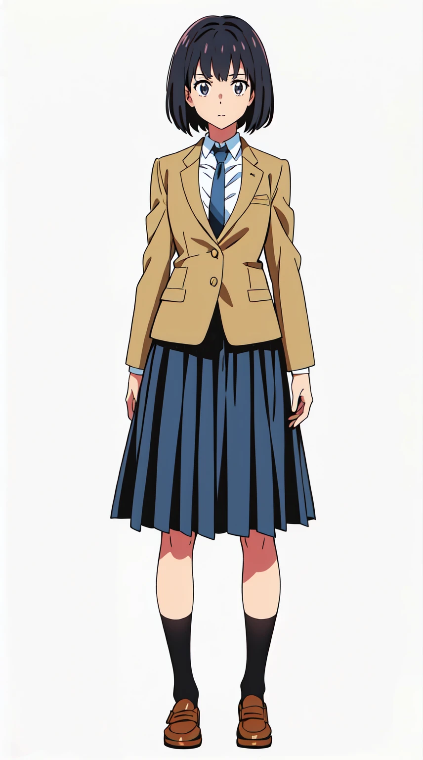 (white background:1.0), (best quality:1.0), (masterpiece:1.0), (super fine illustration:1.0), (beautiful artwork:1.0), (anime screencap:1.0), (official art:1.0), (full body:1.0), (solo:1.0), (HSGA:1.0), (a 18yo cute girl:1.0), (long skirt:1.0), (dark blue skirt:1.0), (pleated skirt:1.0), (school uniform beige blazer:1.0), (dark blue necktie:1.0), (loafers:1.0), (black socks:1.0), (ideal ratio body proportions:1.0), (lanky:1.0), (tall:1.0), (slender:1.0), (small breasts:1.0), (smaller face:1.0), (tareme:1.0), (detailed beautiful eyes:1.0), (detailed beautiful face:1.0), (glowing black eyes:1.0), (bob cut hair:1.0), (black hair:1.0), (standing:1.0), (looking at viewer:1.0)