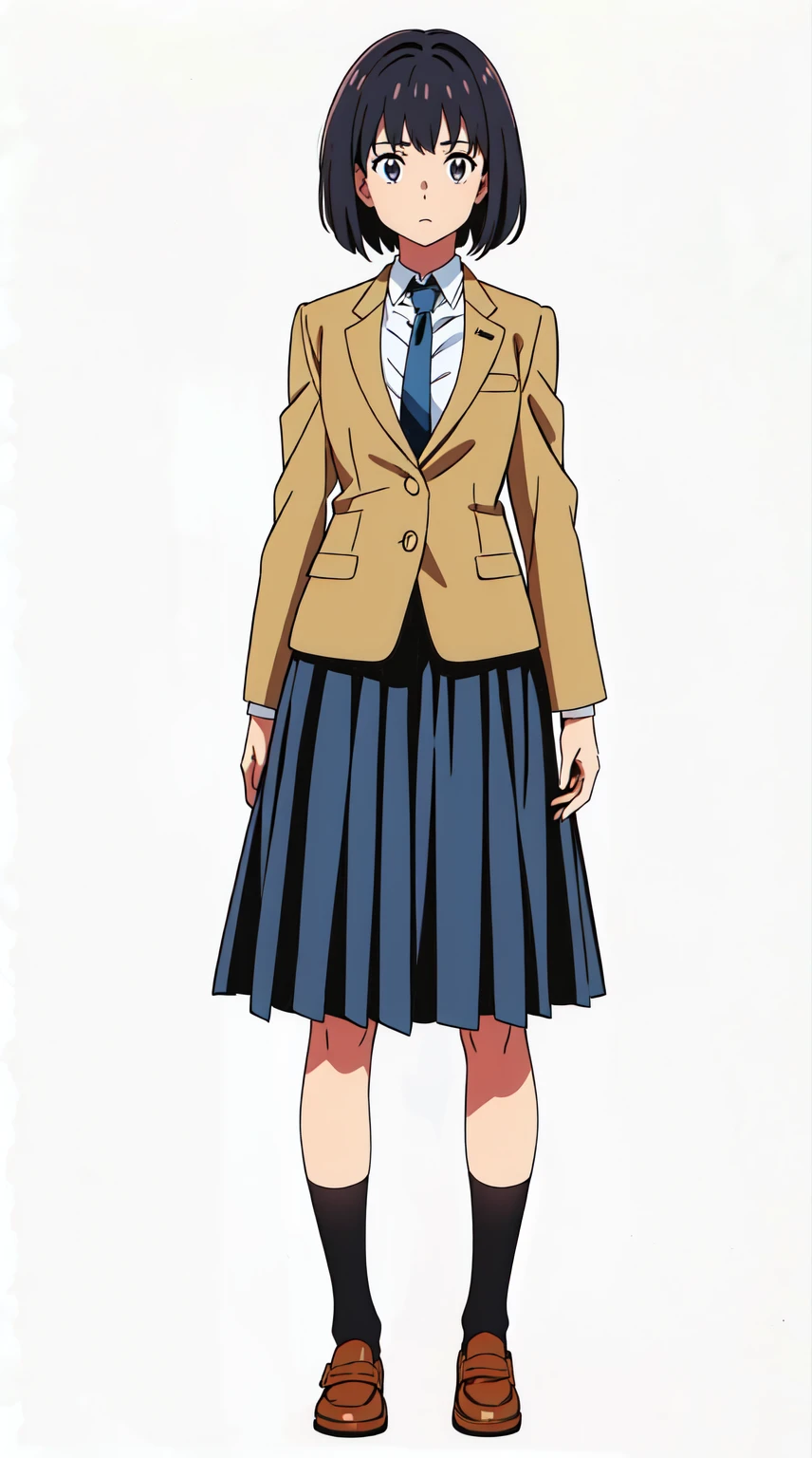 (white background:1.0), (best quality:1.0), (masterpiece:1.0), (super fine illustration:1.0), (beautiful artwork:1.0), (anime screencap:1.0), (official art:1.0), (full body:1.0), (solo:1.0), (HSGA:1.0), (a 18yo cute girl:1.0), (long skirt:1.0), (dark blue skirt:1.0), (pleated skirt:1.0), (school uniform beige blazer:1.0), (dark blue necktie:1.0), (loafers:1.0), (black socks:1.0), (ideal ratio body proportions:1.0), (lanky:1.0), (tall:1.0), (slender:1.0), (small breasts:1.0), (smaller face:1.0), (tareme:1.0), (detailed beautiful eyes:1.0), (detailed beautiful face:1.0), (glowing black eyes:1.0), (bob cut hair:1.0), (black hair:1.0), (standing:1.0), (looking at viewer:1.0)