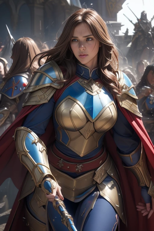 Female Paladin, Beautiful Face, Brown Hair, wavy hair, , Blue and white plate armor, Red cape with belt, Large two-handed mace, Soft lighting, Ultra-fine detail, photo Realistic, World of Warcraft, Highest quality,Very detailed,Realistic,(Female Paladin),(((Intense Battle)))),(Dramatic lighting),((((battlefield)))),(Sharp focus),(Paladin'A look of determination),(Thick armor),(Wielding a weapon),(Forest Background),(Epic clash),(flying debris),(martial arts),(Body movements),(High resolution textures),(Emotionally-charged combat),(Powerful Hits),(Tense atmosphere),(Fierce confrontation),(Action-packed),(Vibrant colors),(Dynamic pose),(Fearless),(Heroic Battle),(Muscular physique),(Warrior battle cry),(intense energy),(Paladin'Victory of),(Sweat and Blood),(rippling muscles),(Hand-to-hand combat),(Paladin Dexterity),((Battle scars)),(Paladin Battle Cry),(Paladin fighting stance),(Awe-inspiring),(Detailed facial features),(Female Paladin's determination),(((Epic battle scenes:1.3))