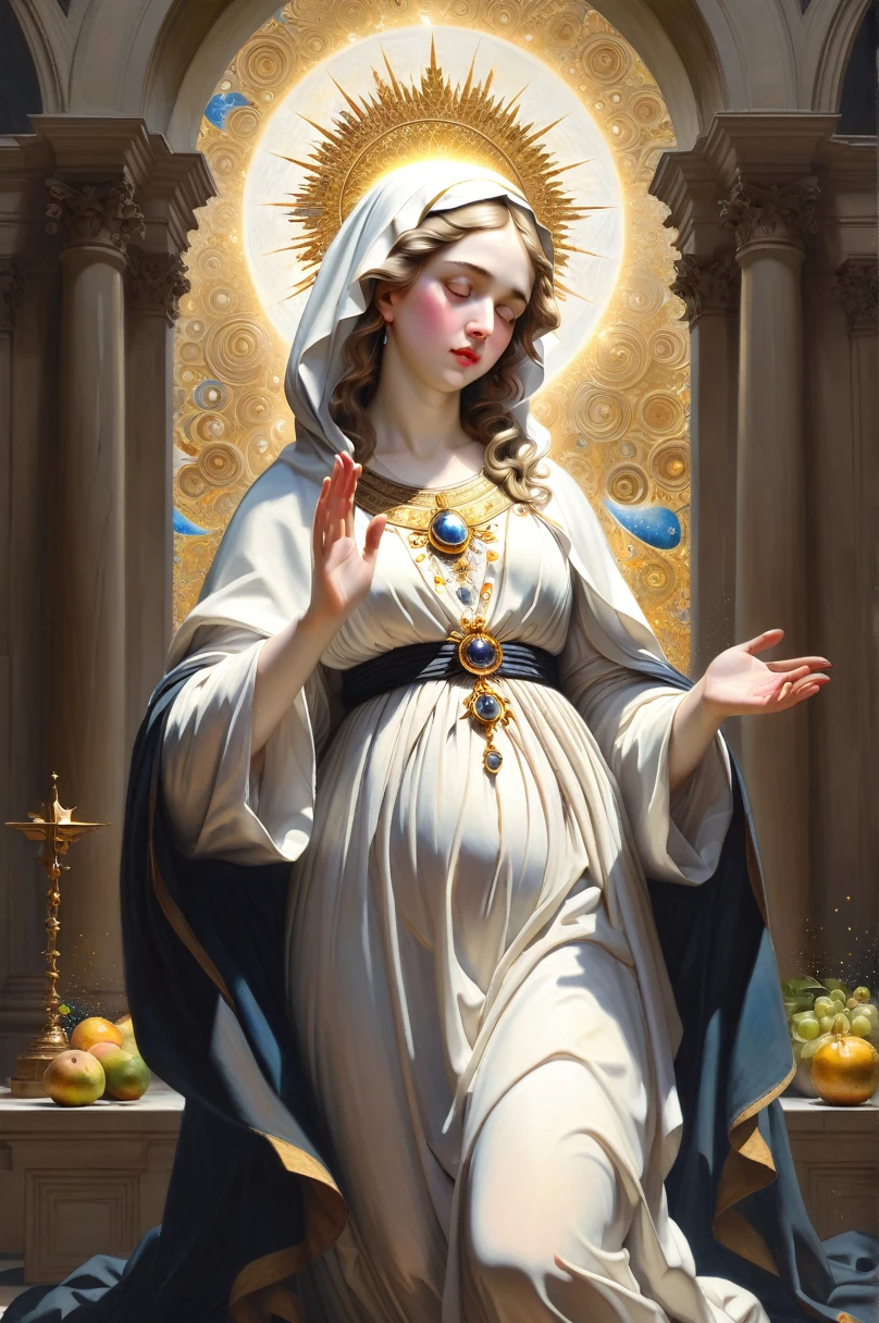 (8K, RAW Photos, Realistic: 1.25), Mandala Effect, Very detailed,(Fractal Art:1.3), (zenTangle, Tangle, enTangle) ,Holy Light,Gold foil,Gold leaf art,Sparkly Painting, Perfect NwsjMajic, A beautiful ultra-thin Realistic portrait of the Virgin Mary, White outfit with blue details, ((Divinity)), whole body, Biblical, Realistic, Intricate details, Abbott Fuller Graves, Bartholomew Esteban Murillo, JC Leyendecker, Craig Mullins, Peter Paul Rubens, (Caravaggio), Art Station Trends, 8K, Concept Art, Fantasy art, PhotoRealistic, Realistic, shape, Oil, Surrealism, HyperRealistic, Brush Brush, Digital Art, style, watercolor