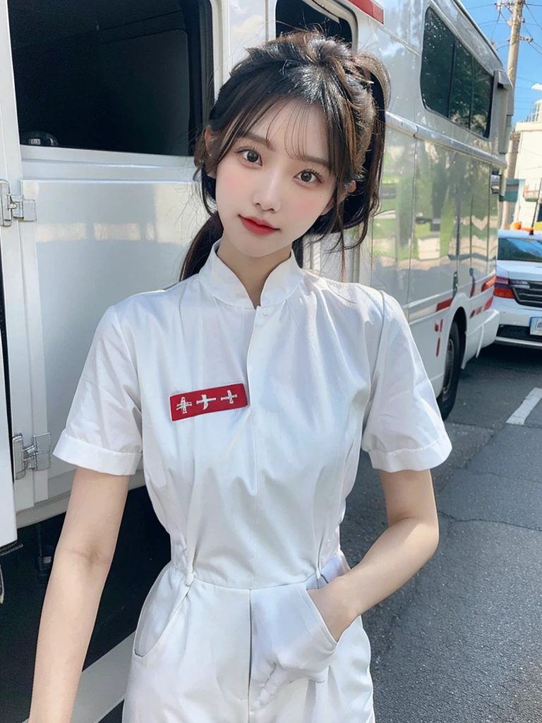 Super high quality realistic photo of young Asian beauty, first responder, wearing white short-sleeved jumpsuit with ambulance in the background.