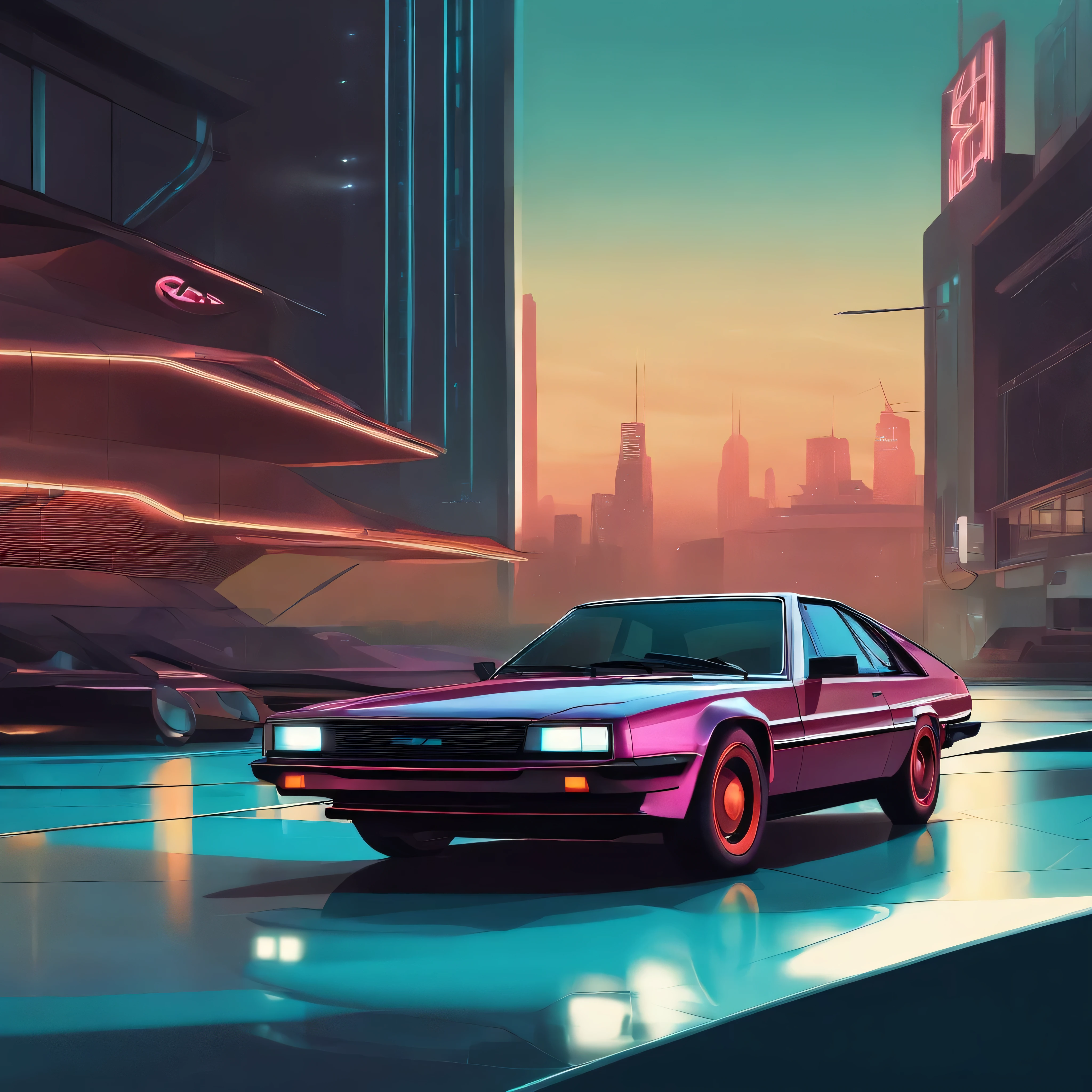 Ultra minimalist 1980s airbrush style illustration of a Syd Mead designed Bladerunner inspired sleekly futuristic low-slung 2049 Lada coupe, with aggressive angular architectural lines and 80s vaporwave colours, against a science fictional glowing computer wireframe city backdrop.