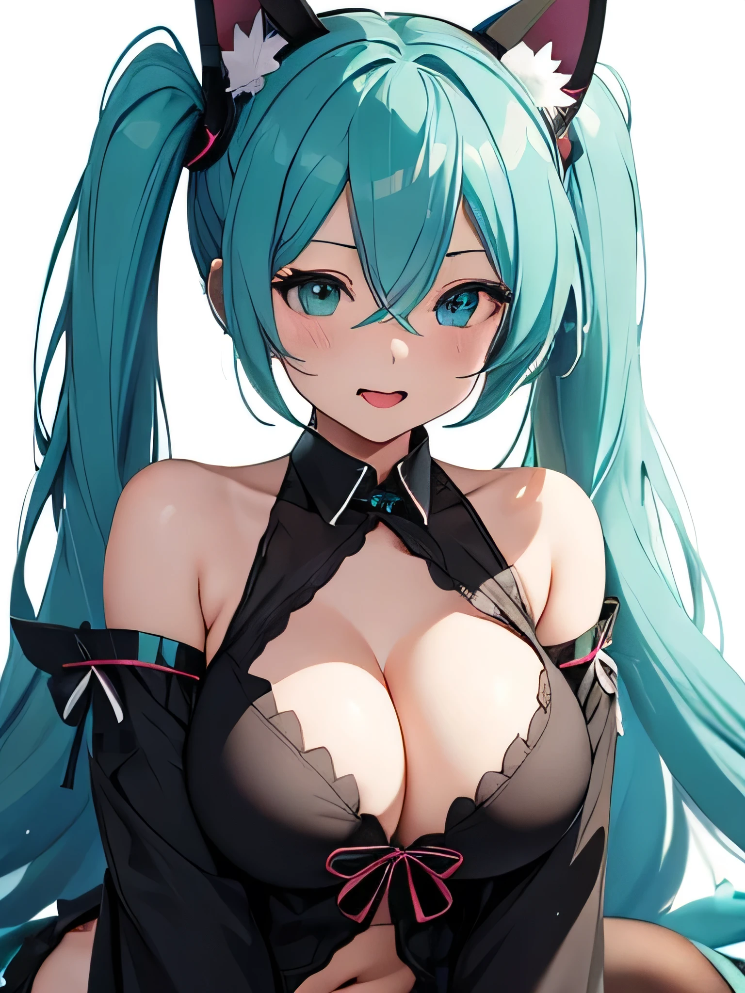 hatsune miku, black pijama, cat ears, showing the tongue, big tits