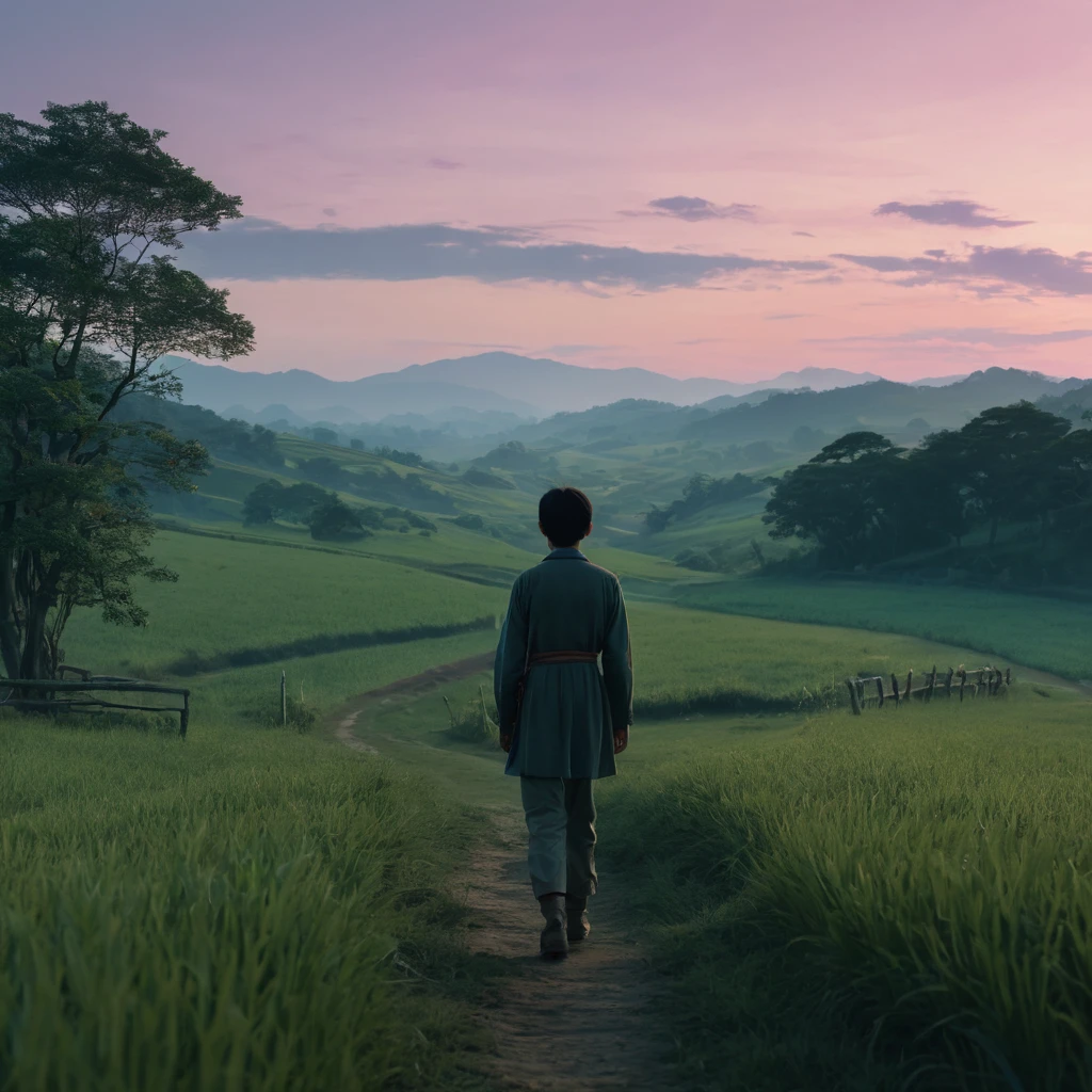 In a serene countryside, the main character is: curious,
introspective, and adventurous, with cool color grading, at dusk. 