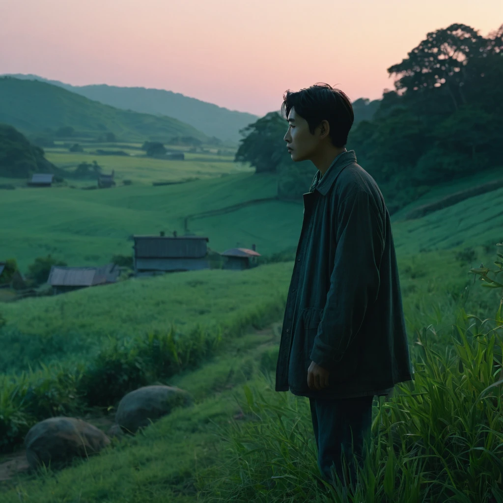 In a serene countryside, the main character is: curious,
introspective, and adventurous, with cool color grading, at dusk. 