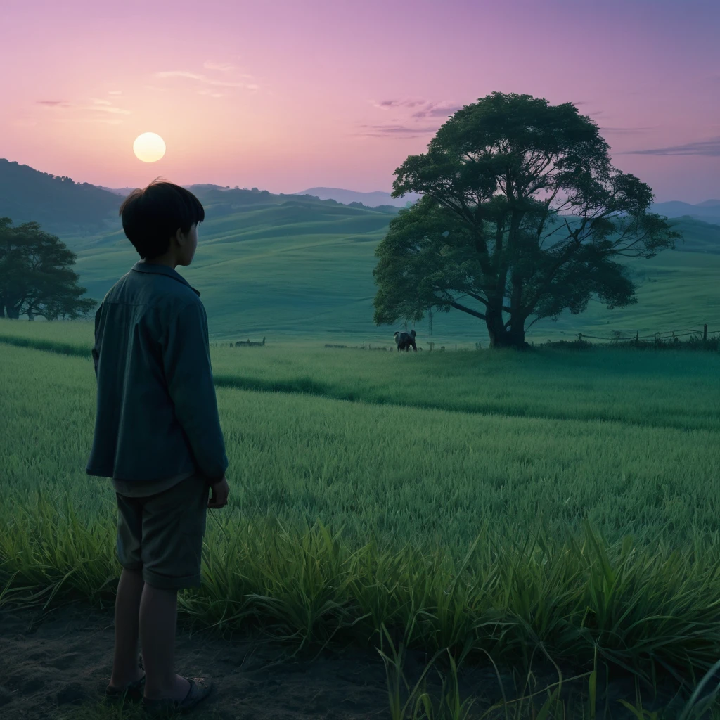 In a serene countryside, the main character is: curious,
introspective, and adventurous, with cool color grading, at dusk.
