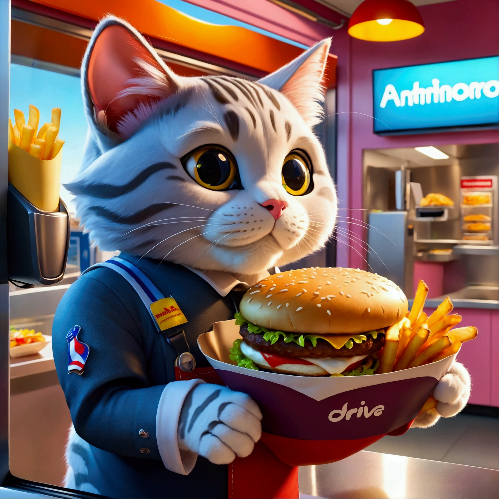 (Close-up of anthropomorphic cat puts hamburger inside ornate package:1.3) in (dynamic pose:1.0), (stylish branded shirt:1.1), (worker cap:1.2), (colorful apron:1.1), modern kitchen with refrigerator and cooking station, intricate design, bright colors, masterpiece in maximum 16K resolution, best quality, ultra detailed, aesthetics, absurdes.