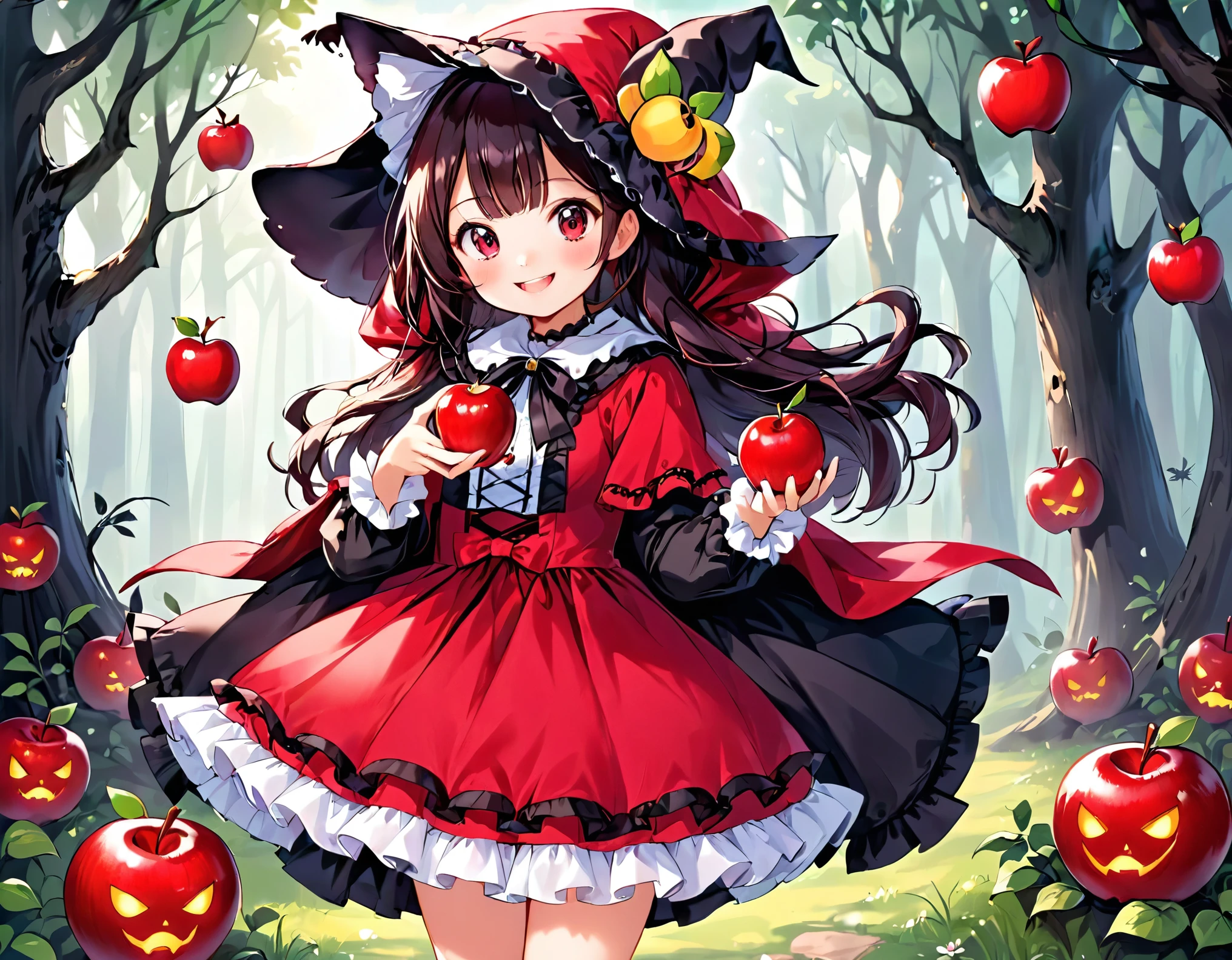 fairy tale Little Red Riding Hood A cute girl wearing a cute red Lolita-style dress Adorable smile A witch with a black scary face hands an apple to a