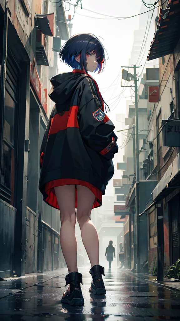 it's cyberpunk world in the near future and Cyber ​​world.
the places like Kowloon Walled City.
a giri looking up it.
I'm looking the girl back view.
It's snowing.
overall add shading.

hair style is short.
it color is gray.
more colorful.
　
