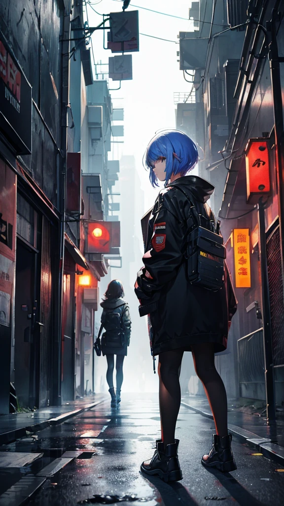 it's cyberpunk world in the near future and Cyber world.
the places like Kowloon Walled City.
a giri looking up it.
I'm looking the girl back view.
It's snowing.
overall add shading.
hair style is short.
it color is gray.
more colorful.