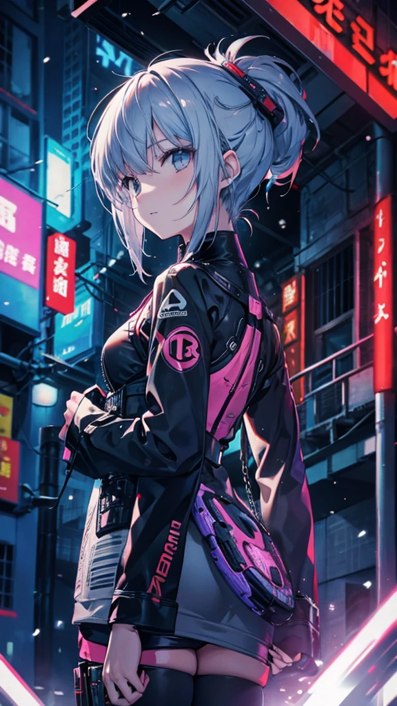 it's cyberpunk world in the near future and Cyber ​​world.
the places like Kowloon Walled City.
a giri looking up it.
I'm looking the girl back view.
It's snowing.
overall add shading.

hair style is short.
it color is gray.
more colorful.
　
