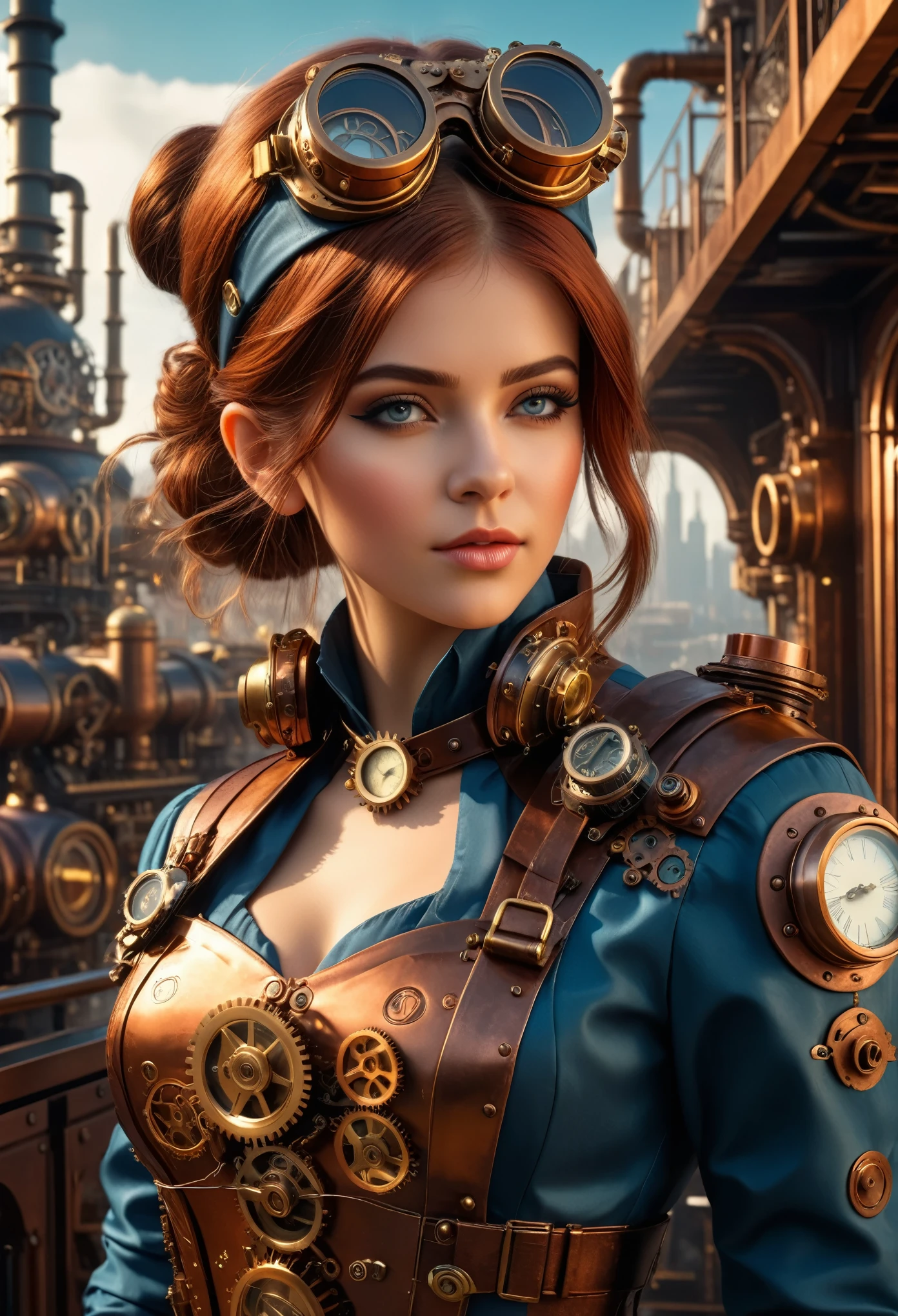 a steampunk girl, intricate gears and mechanisms, copper and brass details, goggles, steam punk fashion, futuristic technology, industrial cityscape background, dramatic lighting, cinematic composition, highly detailed, photorealistic, 8k, hyper-detailed, masterpiece, award winning